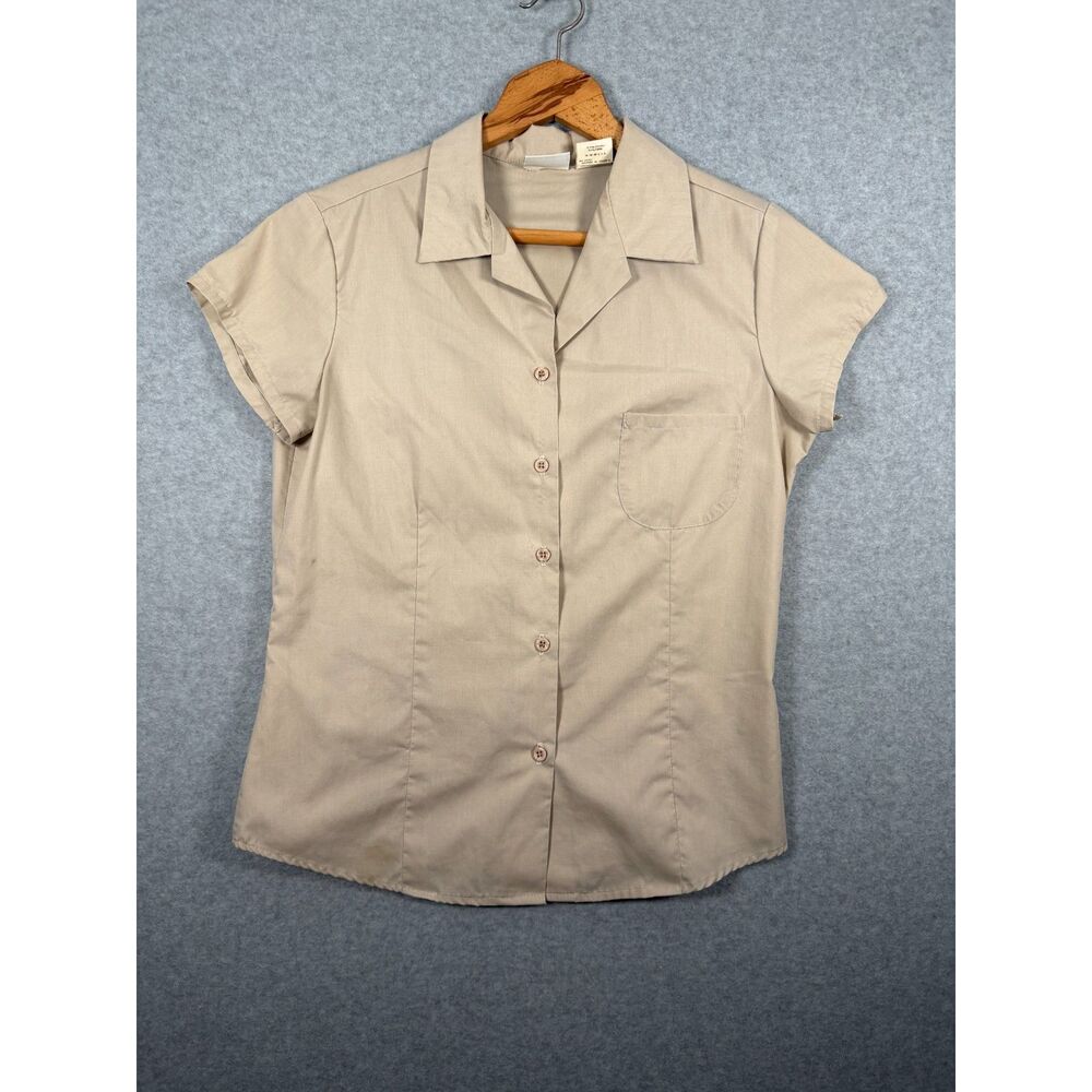 Vintage Basic Editions Women’s Medium Tan Short Sleeve Button Up Shirt USA 3820